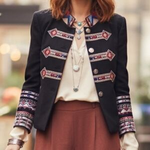 NWOT New Leaf Fashion Boho Contemporary Southwestern Embroidery Wool Band Blazer